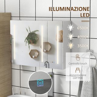 Armario Con Espejo en MDF Con Estantes Regulables Y Luces LED de 3 Colores, Espejo de Pared Con Toma USB, 90X15X70 Cm, Blanco