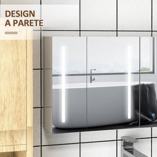 Armario Con Espejo en MDF Con Estantes Regulables Y Luces LED de 3 Colores, Espejo de Pared Con Toma USB, 90X15X70 Cm, Blanco