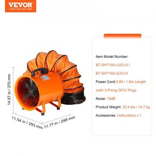 Ventilador Portátil, Ventilador Cilíndrico de 254mm de Alta Resistencia con Manguera de Conducto de 10m, Soplador de Escape Fuerte de 255W 1720CFM, Soplador Industrial Utilitario para Aspirar Polv...