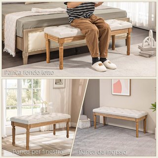 Banco de Cama de Tela, Banco Acolchado Estilo Francés Acolchado con Botones y Patas de Madera para Dormitorio, Entrada y Salón, 120X41X48Cm, Crema