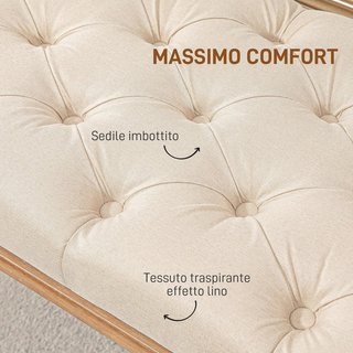 Banco de Cama de Tela, Banco Acolchado Estilo Francés Acolchado con Botones y Patas de Madera para Dormitorio, Entrada y Salón, 120X41X48Cm, Crema
