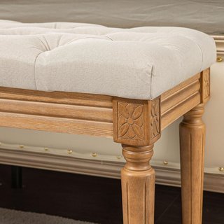 Banco de Cama de Tela, Banco Acolchado Estilo Francés Acolchado con Botones y Patas de Madera para Dormitorio, Entrada y Salón, 120X41X48Cm, Crema