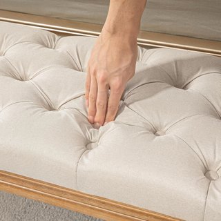 Banco de Cama de Tela, Banco Acolchado Estilo Francés Acolchado con Botones y Patas de Madera para Dormitorio, Entrada y Salón, 120X41X48Cm, Crema