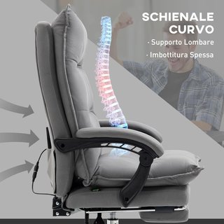 Silla de Oficina Masajeadora 6 Puntos Vibrante, Calentada y Reposapiés, Silla de Escritorio Acolchada Reclinable en Tejido de Piel Transpirable con Balanceo, Control Remoto, Altura Ajustable, Gris