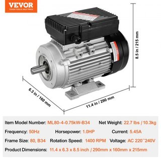 Motor Eléctrico de 0.75KW 1400 rpm, AC 220~240V 5.45A, 80, Marco B34, Motor de Compresor de Aire Monofásico, Eje Con Diente de 19mm, Rotación CW/CCW para Maquinaria Agrícola y Equipos Generales