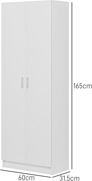 Armario Multiuso Con Puertas Batientes, 5 Estantes Y 3 Niveles Regulables, Mueble Multiuso Credenza en Madera de Aglomerado para Cocina, Zapatos, Entrada, Dormitorio, Baño, 60X31.5X165 Cm, Blanco
