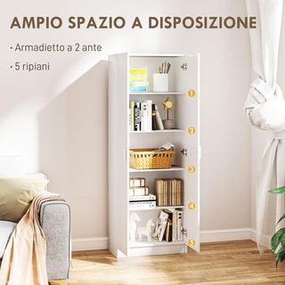Armario Multiuso Con Puertas Batientes, 5 Estantes Y 3 Niveles Regulables, Mueble Multiuso Credenza en Madera de Aglomerado para Cocina, Zapatos, Entrada, Dormitorio, Baño, 60X31.5X165 Cm, Blanco