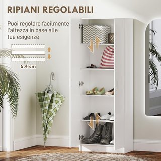 Armario Multiuso Con Puertas Batientes, 5 Estantes Y 3 Niveles Regulables, Mueble Multiuso Credenza en Madera de Aglomerado para Cocina, Zapatos, Entrada, Dormitorio, Baño, 60X31.5X165 Cm, Blanco