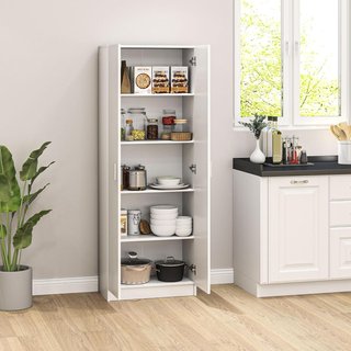 Armario Multiuso Con Puertas Batientes, 5 Estantes Y 3 Niveles Regulables, Mueble Multiuso Credenza en Madera de Aglomerado para Cocina, Zapatos, Entrada, Dormitorio, Baño, 60X31.5X165 Cm, Blanco