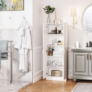 Armario Multiuso Con Puertas Batientes, 5 Estantes Y 3 Niveles Regulables, Mueble Multiuso Credenza en Madera de Aglomerado para Cocina, Zapatos, Entrada, Dormitorio, Baño, 60X31.5X165 Cm, Blanco
