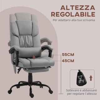 Sillón Masajeador y Reclinable con Altura Ajustable y Reposapiés, Sillón Acolchado de Piel Sintética y Metal, 66X75X112-122 Cm, Gris