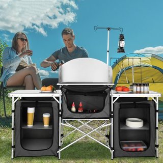 Mesa de Cocina para Camping, Mesa de Cocina Plegable para Exterior con Bolsa de Almacenamiento, Estación de Cocina de Aluminio con 3 Armarios y Paraviento Desmontable, Montaje Rápido para Picnics,...