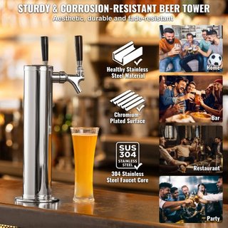 Kit de Torre de Kegerator, Kit de Conversión de Cerveza de Doble Grifo, Dispensador de Torre de Cerveza de Acero Inoxidable con Regulador de Doble Medida W21.8 y Acoplador de Barril de Sistema A, ...