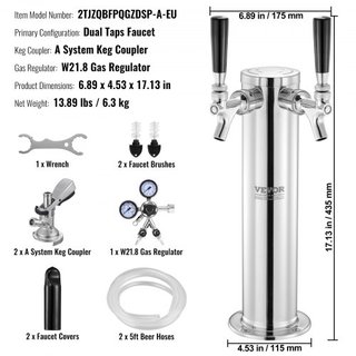 Kit de Torre de Kegerator, Kit de Conversión de Cerveza de Doble Grifo, Dispensador de Torre de Cerveza de Acero Inoxidable con Regulador de Doble Medida W21.8 y Acoplador de Barril de Sistema A, ...
