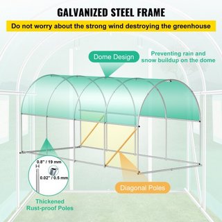 Invernadero de túnel portátil, 457.2 x 198.12 x 213.4 cm Casa caliente para plantas con arcos de acero galvanizado, 1 viga superior, 2 postes diagonales, 2 puertas con cremallera y 8 ventanas enro...
