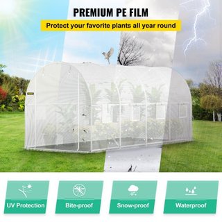 Invernadero de túnel portátil, 457.2 x 198.12 x 213.4 cm Casa caliente para plantas con arcos de acero galvanizado, 1 viga superior, 2 postes diagonales, 2 puertas con cremallera y 8 ventanas enro...