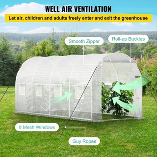Invernadero de túnel portátil, 457.2 x 198.12 x 213.4 cm Casa caliente para plantas con arcos de acero galvanizado, 1 viga superior, 2 postes diagonales, 2 puertas con cremallera y 8 ventanas enro...