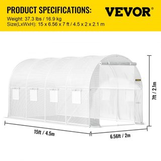 Invernadero de túnel portátil, 457.2 x 198.12 x 213.4 cm Casa caliente para plantas con arcos de acero galvanizado, 1 viga superior, 2 postes diagonales, 2 puertas con cremallera y 8 ventanas enro...