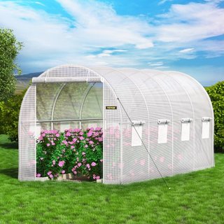 Invernadero de túnel portátil, 457.2 x 198.12 x 213.4 cm Casa caliente para plantas con arcos de acero galvanizado, 1 viga superior, 2 postes diagonales, 2 puertas con cremallera y 8 ventanas enro...