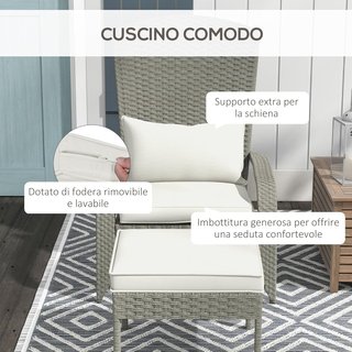 Silla De Jardín Con Reposapiés, Brazos Y Cojines Acolchados, Silla Adirondack De Ratán Y Acero, 64X82X89 Cm, Gris Y Blanco Crema