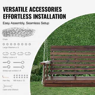 Hamaca de Madera de 4.5 pies, hamaca de patio para patio y jardín, capacidad de carga mejorada de 880 lbs, banco de hamaca de alta resistencia con cadenas colgantes para exteriores, marrón carbonizado