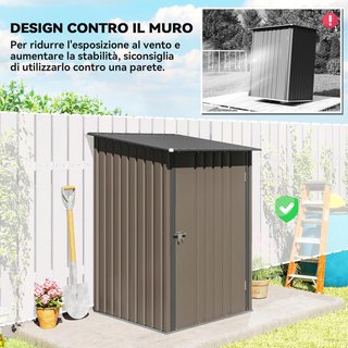 Caseta De Jardín 0.92M² en Acero Galvanizado Con Puerta Batiente, Cobertizo Para Herramientas Con Techo Inclinado, Puertas Bloqueables, 100X103X160Cm, Marrón Y Gris