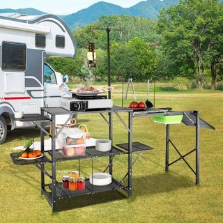 Mesa de Cocina para Camping, Estación de Cocción Portátil Plegable de Una Pieza con Bolsa de Transporte, Mesa de Camping de Aluminio Larga con 3 Mesas Laterales, 2 Estantes y un Fregadero Desmonta...