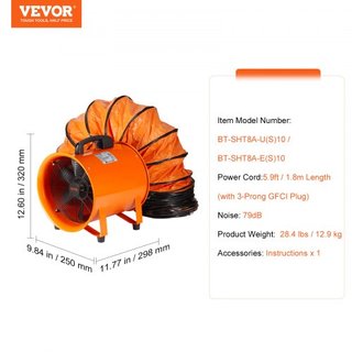 Ventilador Portátil, Ventilador Cilíndrico de 203.2mm de Alta Resistencia con Manguera de Conducto de 10m, Soplador de Escape Fuerte de 145W 1020CFM, Soplador Industrial Utilitario para Aspirar Po...