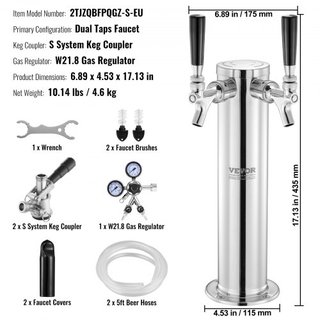 Kit de Torre de Kegerator, Kit de Conversión de Cerveza de Doble Grifo, Dispensador de Torre de Cerveza de Acero Inoxidable con Regulador de Doble Medida W21.8 y Acoplador de Barril S-System para ...