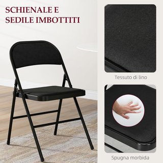 Juego de 6 Sillas Plegables en Efecto Lino con Asiento Acolchado, Sillas Plegables Compactas Portátiles de Acero, Silla Plegable para Interior para Casa, Oficina, Cocina, Eventos, Negro
