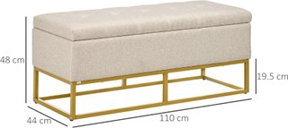 Banco Contenedor Rectangular Con Asiento Acolchado Y Patas De Acero, Puff Reposapiés En Tejido Efecto Lino Para Dormitorio Y Sala De Estar, 110X44X49 Cm, Beige