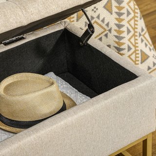 Banco Contenedor Rectangular Con Asiento Acolchado Y Patas De Acero, Puff Reposapiés En Tejido Efecto Lino Para Dormitorio Y Sala De Estar, 110X44X49 Cm, Beige