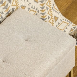 Banco Contenedor Rectangular Con Asiento Acolchado Y Patas De Acero, Puff Reposapiés En Tejido Efecto Lino Para Dormitorio Y Sala De Estar, 110X44X49 Cm, Beige