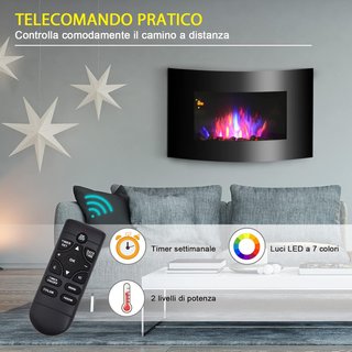 Chimenea Eléctrica de Pared con Efecto Llama de Color y Control Remoto, Chimenea Eléctrica 1800W con Temperaturas Regulables, Termostato, Temporizador y Protección contra Sobrecalentamiento, Negro