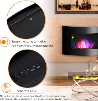 Chimenea Eléctrica de Pared con Efecto Llama de Color y Control Remoto, Chimenea Eléctrica 1800W con Temperaturas Regulables, Termostato, Temporizador y Protección contra Sobrecalentamiento, Negro