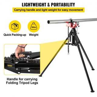 Torno de Cadena Tripode | Capacidad de Tubería de 1/8"-5" | Longitud de 92.5 cm | Piernas de Acero Plegables y Portátiles | Agarre, Soporte y Doblado de Tuberías | Ideal para Uso en Fábrica, Talle...