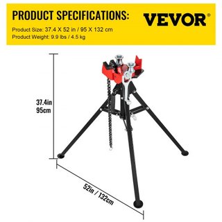 Torno de Cadena Tripode | Capacidad de Tubería de 1/8"-5" | Longitud de 92.5 cm | Piernas de Acero Plegables y Portátiles | Agarre, Soporte y Doblado de Tuberías | Ideal para Uso en Fábrica, Talle...