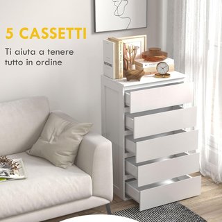 Cómoda para Dormitorio de 5 Cajones, Comó de Madera con Patas Antideslizantes, para Sala de Estar, Comedor y Pasillo, 60X39X100 Cm, Blanco
