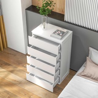 Cómoda para Dormitorio de 5 Cajones, Comó de Madera con Patas Antideslizantes, para Sala de Estar, Comedor y Pasillo, 60X39X100 Cm, Blanco