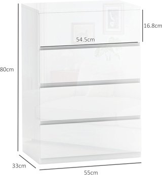 Cómoda Moderna de 4 Cajones Antivuelco, Cómoda de Madera de Aglomerado, 55X33X80 Cm, Blanco Brillante