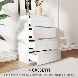Cómoda Moderna de 4 Cajones Antivuelco, Cómoda de Madera de Aglomerado, 55X33X80 Cm, Blanco Brillante
