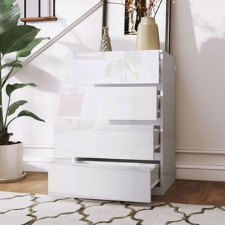 Cómoda Moderna de 4 Cajones Antivuelco, Cómoda de Madera de Aglomerado, 55X33X80 Cm, Blanco Brillante