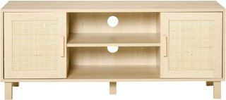Mueble Porta TV Con Compartimentos Abiertos Y Puertas De Ratan, Mueble Para TV Hasta 50'', 115X40X48Cm, Color Madera