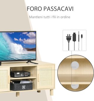 Mueble Porta TV Con Compartimentos Abiertos Y Puertas De Ratan, Mueble Para TV Hasta 50'', 115X40X48Cm, Color Madera