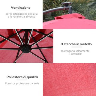 Ombrellone da Giardino LED Solare 3X3 M con Manovella, Ombrellone a Manovella 8 Aste con Base a Croce in Acciaio, Alluminio e Poliestere 180G/㎡, Anti-UV, Rosso