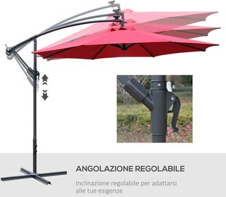 Ombrellone da Giardino LED Solare 3X3 M con Manovella, Ombrellone a Manovella 8 Aste con Base a Croce in Acciaio, Alluminio e Poliestere 180G/㎡, Anti-UV, Rosso