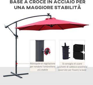 Ombrellone da Giardino LED Solare 3X3 M con Manovella, Ombrellone a Manovella 8 Aste con Base a Croce in Acciaio, Alluminio e Poliestere 180G/㎡, Anti-UV, Rosso