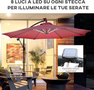 Ombrellone da Giardino LED Solare 3X3 M con Manovella, Ombrellone a Manovella 8 Aste con Base a Croce in Acciaio, Alluminio e Poliestere 180G/㎡, Anti-UV, Rosso
