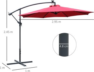 Ombrellone da Giardino LED Solare 3X3 M con Manovella, Ombrellone a Manovella 8 Aste con Base a Croce in Acciaio, Alluminio e Poliestere 180G/㎡, Anti-UV, Rosso