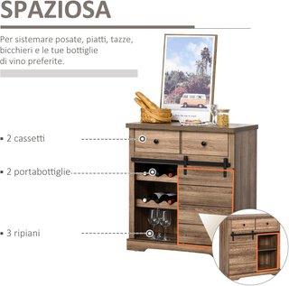 Credenza Con 2 Cajones, Estantes Abiertos Y Portabotellas, Credenza De Cocina Rústica En Madera Y Metal, 80X39X86 Cm, Color Madera